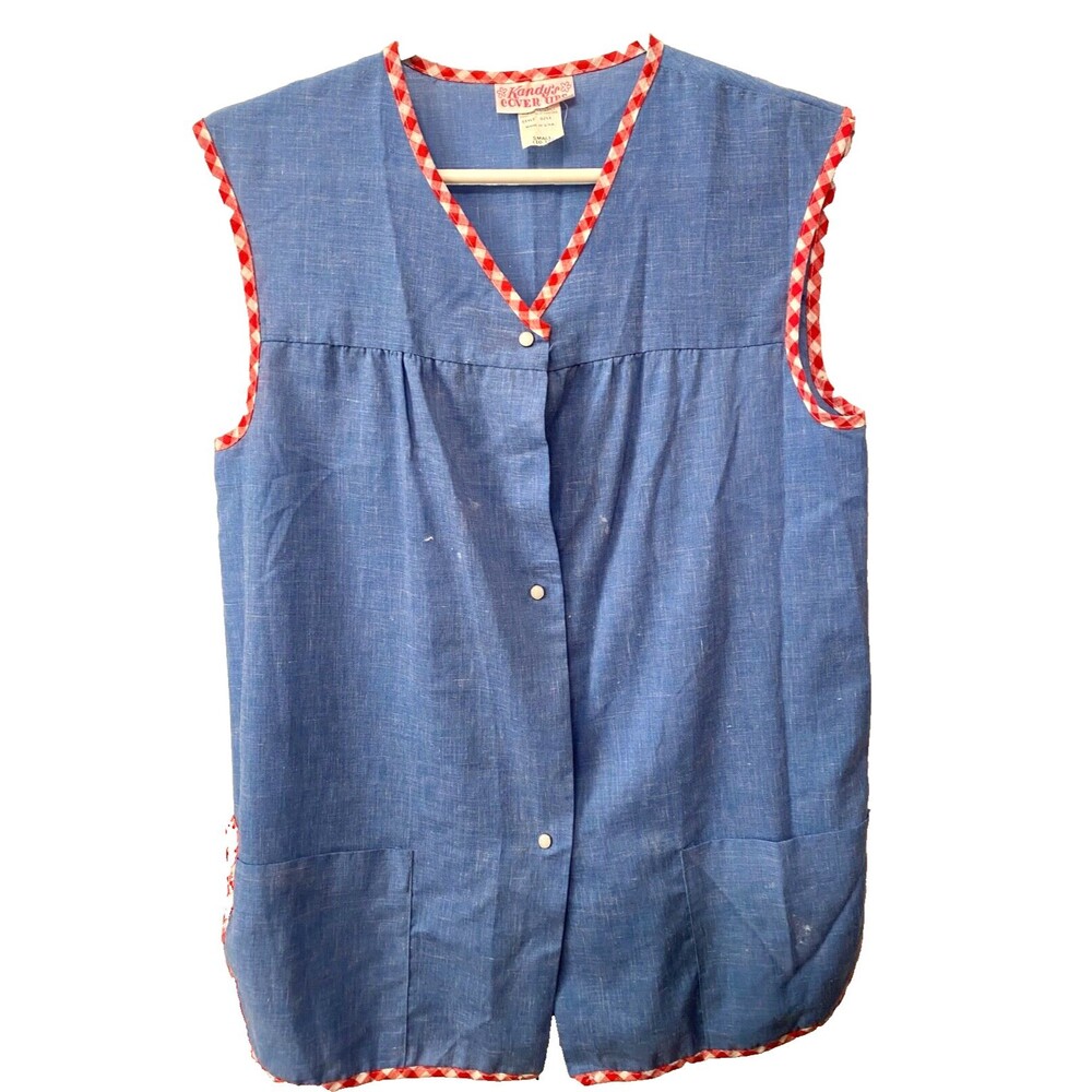 Vtg KANDY'S COVER UPS Womens S Art Smock Vest USA Made BLUE RED PLAID Pearl Snap